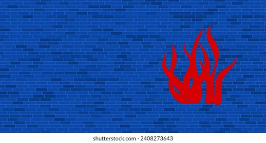 Blue Brick Wall with large red seaweed symbol. The symbol is located on the right, on the left there is empty space for your content. Vector illustration on blue background