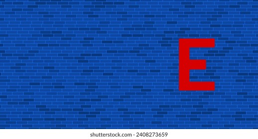 Blue Brick Wall with large red capital letter E symbol. The symbol is located on the right, on the left there is empty space for your content. Vector illustration on blue background