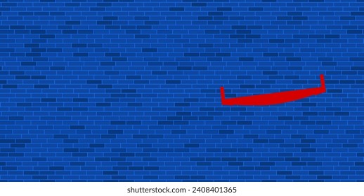 Pared de ladrillo azul con una gran sierra roja de dos manos. El símbolo está situado a la derecha, a la izquierda hay espacio vacío para el contenido. Ilustración vectorial sobre fondo azul