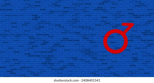Blaue Ziegelwand mit großem rotem Dämmersymbol. Das Symbol befindet sich auf der rechten Seite, auf der linken Seite ist Leerzeichen für Ihre Inhalte. Vektorgrafik auf blauem Hintergrund