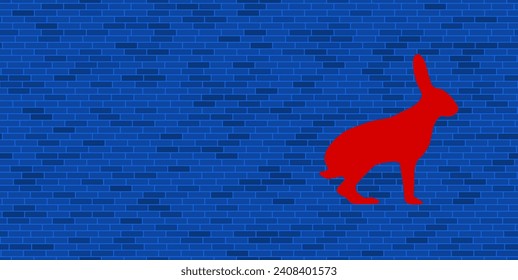 Blue Brick Wall with large red hare symbol. The symbol is located on the right, on the left there is empty space for your content. Vector illustration on blue background