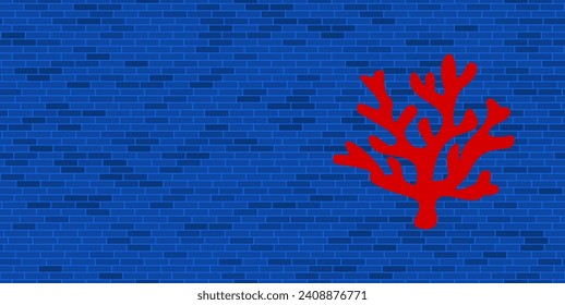 Blaue Ziegelwand mit großem rotem Korallensymbol. Das Symbol befindet sich auf der rechten Seite, auf der linken Seite ist Leerzeichen für Ihre Inhalte. Vektorgrafik auf blauem Hintergrund