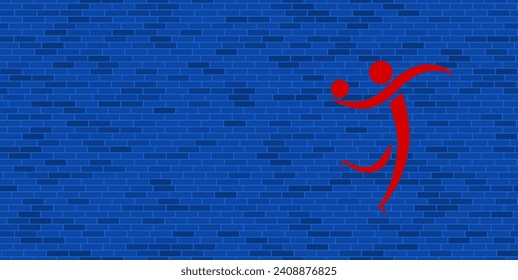 Pared de ladrillo azul con gran símbolo de balonmano rojo. El símbolo está situado a la derecha, a la izquierda hay espacio vacío para el contenido. Ilustración vectorial sobre fondo azul