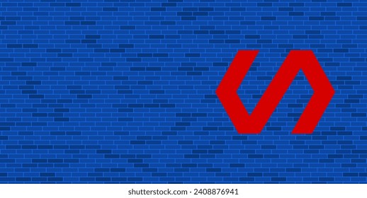 Blue Brick Wall with large red polymer symbol. The symbol is located on the right, on the left there is empty space for your content. Vector illustration on blue background