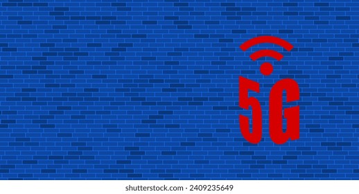 Blue Brick Wall with large red 5G symbol. The symbol is located on the right, on the left there is empty space for your content. Vector illustration on blue background
