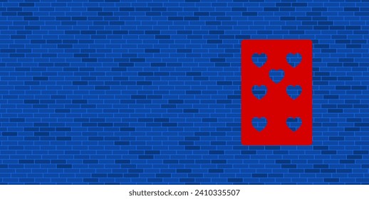 Muro de ladrillo azul con gran siete rojos de corazones jugando cartas. El símbolo está situado a la derecha, a la izquierda hay espacio vacío para el contenido. Ilustración vectorial sobre fondo azul