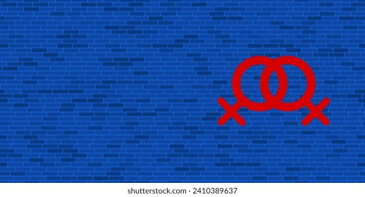 Blue Brick Wall with large red lesbian symbol. The symbol is located on the right, on the left there is empty space for your content. Vector illustration on blue background