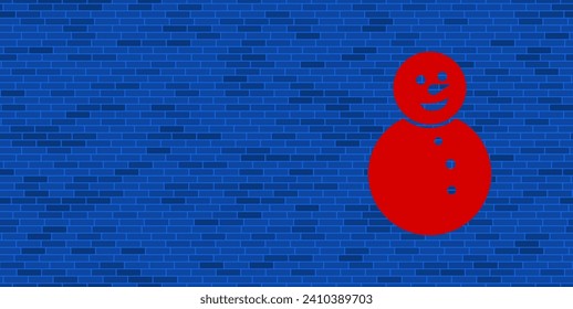 Blue Brick Wall with large red Christmas snowman. The symbol is located on the right, on the left there is empty space for your content. Vector illustration on blue background