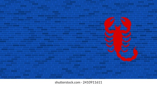 Blue Brick Wall with large red scorpio symbol. The symbol is located on the right, on the left there is empty space for your content. Vector illustration on blue background