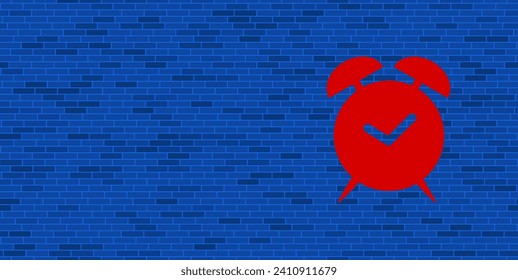 Blue Brick Wall with large red alarm clock symbol. The symbol is located on the right, on the left there is empty space for your content. Vector illustration on blue background