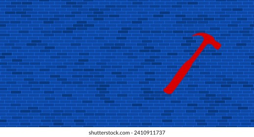 Blue Brick Wall with large red hammer symbol. The symbol is located on the right, on the left there is empty space for your content. Vector illustration on blue background