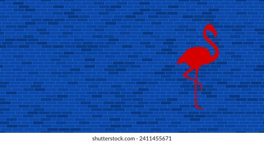 Blue Brick Wall with large red flamingos symbol. The symbol is located on the right, on the left there is empty space for your content. Vector illustration on blue background