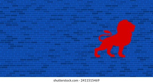 Pared de ladrillo azul con un gran símbolo de león rojo. El símbolo está situado a la derecha, a la izquierda hay espacio vacío para el contenido. Ilustración vectorial sobre fondo azul