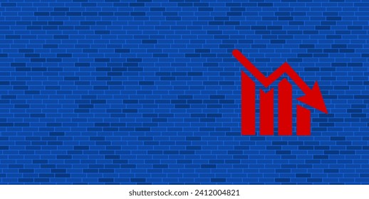 Blue Brick Wall with large red chart down symbol. The symbol is located on the right, on the left there is empty space for your content. Vector illustration on blue background