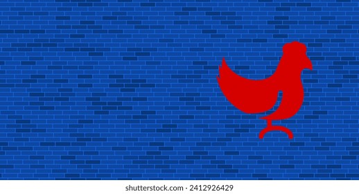 Blue Brick Wall with large red chicken symbol. The symbol is located on the right, on the left there is empty space for your content. Vector illustration on blue background