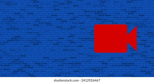 Blue Brick Wall with large red video camera symbol. The symbol is located on the right, on the left there is empty space for your content. Vector illustration on blue background