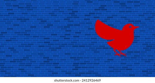 Pared de ladrillo azul con un gran símbolo de pájaro rojo. El símbolo está situado a la derecha, a la izquierda hay espacio vacío para el contenido. Ilustración vectorial sobre fondo azul