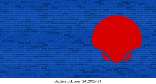 Blue Brick Wall with large red sea shell symbol. The symbol is located on the right, on the left there is empty space for your content. Vector illustration on blue background