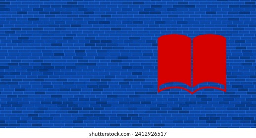 Pared de ladrillo azul con un gran símbolo de libro rojo. El símbolo está situado a la derecha, a la izquierda hay espacio vacío para el contenido. Ilustración vectorial sobre fondo azul