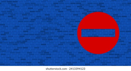 Blue Brick Wall with large red no entry road sign. The symbol is located on the right, on the left there is empty space for your content. Vector illustration on blue background