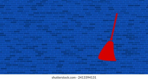 Blaue Ziegelwand mit großem rotem Besensymbol. Das Symbol befindet sich auf der rechten Seite, auf der linken Seite ist Leerzeichen für Ihre Inhalte. Vektorgrafik auf blauem Hintergrund