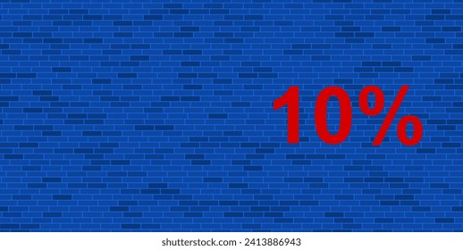 Blue Brick Wall with large red 10 percent symbol. The symbol is located on the right, on the left there is empty space for your content. Vector illustration on blue background