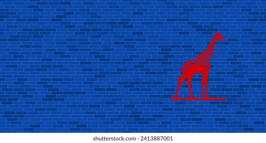 Blue Brick Wall with large red wild giraffe symbol. The symbol is located on the right, on the left there is empty space for your content. Vector illustration on blue background