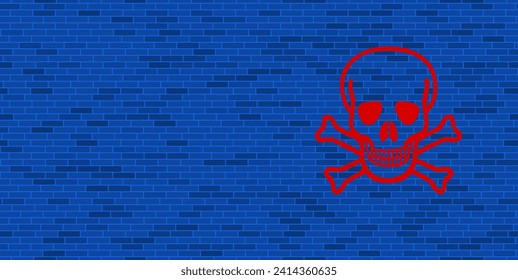 Blue Brick Wall with large red skull. The symbol is located on the right, on the left there is empty space for your content. Vector illustration on blue background