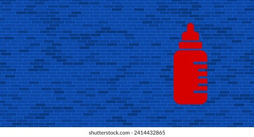 Pared de ladrillo azul con gran símbolo de botella de alimentación roja. El símbolo está situado a la derecha, a la izquierda hay espacio vacío para el contenido. Ilustración vectorial sobre fondo azul