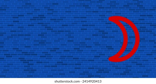 Pared de ladrillo azul con gran símbolo astrológico de luna roja. El símbolo está situado a la derecha, a la izquierda hay espacio vacío para el contenido. Ilustración vectorial sobre fondo azul