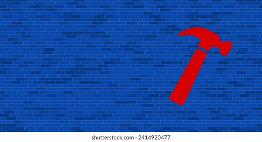 Blue Brick Wall with large red hammer symbol. The symbol is located on the right, on the left there is empty space for your content. Vector illustration on blue background