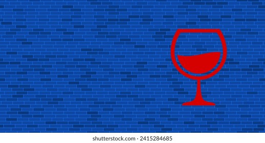 Blue Brick Wall with large red wineglass symbol. The symbol is located on the right, on the left there is empty space for your content. Vector illustration on blue background