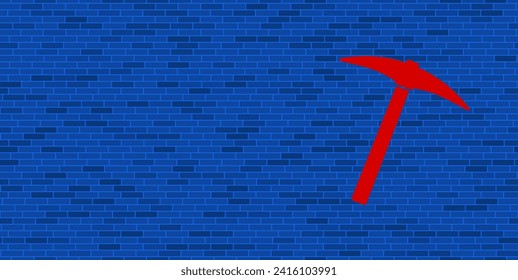 Blue Brick Wall with large red pickaxe symbol. The symbol is located on the right, on the left there is empty space for your content. Vector illustration on blue background