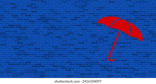 Blue Brick Wall with large red umbrella symbol. The symbol is located on the right, on the left there is empty space for your content. Vector illustration on blue background