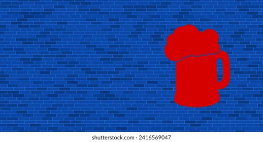 Blue Brick Wall with large red mug beer symbol. The symbol is located on the right, on the left there is empty space for your content. Vector illustration on blue background