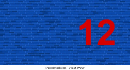 Blue Brick Wall with large red twelve number. The symbol is located on the right, on the left there is empty space for your content. Vector illustration on blue background