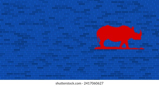 Blue Brick Wall with large red wild rhino symbol. The symbol is located on the right, on the left there is empty space for your content. Vector illustration on blue background