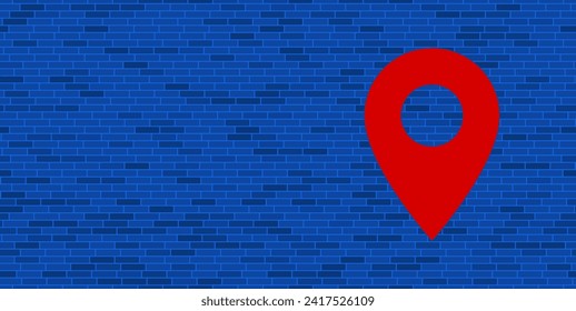 Blue Brick Wall with large red location symbol. The symbol is located on the right, on the left there is empty space for your content. Vector illustration on blue background