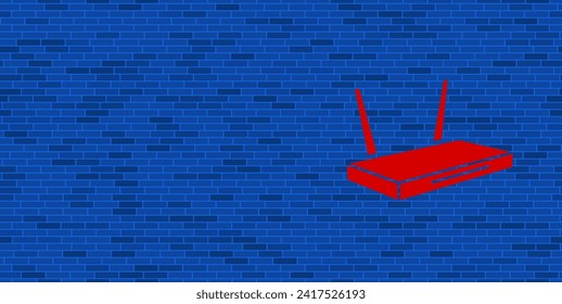 Pared de ladrillo azul con gran símbolo de router rojo. El símbolo está situado a la derecha, a la izquierda hay espacio vacío para el contenido. Ilustración vectorial sobre fondo azul