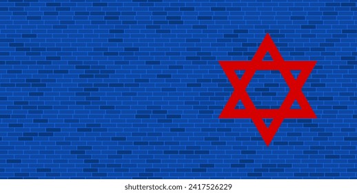 Blue Brick Wall with large red star of David symbol. The symbol is located on the right, on the left there is empty space for your content. Vector illustration on blue background