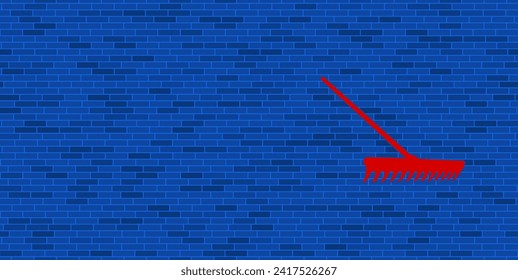 Blue Brick Wall with large red rake symbol. The symbol is located on the right, on the left there is empty space for your content. Vector illustration on blue background