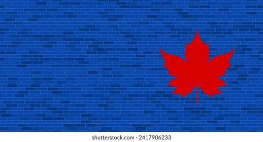Blue Brick Wall with large red maple leaf symbol. The symbol is located on the right, on the left there is empty space for your content. Vector illustration on blue background