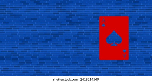 Muro de ladrillo azul con gran tarjeta roja de espadas. El símbolo está situado a la derecha, a la izquierda hay espacio vacío para el contenido. Ilustración vectorial sobre fondo azul