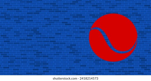 Pared de ladrillo azul con una gran pelota de tenis roja. El símbolo está situado a la derecha, a la izquierda hay espacio vacío para el contenido. Ilustración vectorial sobre fondo azul