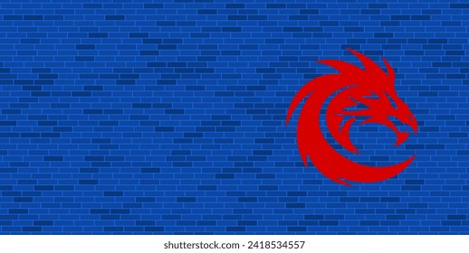 Muro de ladrillo azul con gran símbolo de cabeza de dragón rojo. El símbolo está situado a la derecha, a la izquierda hay espacio vacío para el contenido. Ilustración vectorial sobre fondo azul