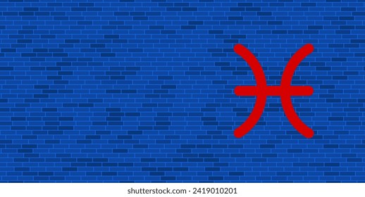 Pared de ladrillo azul con gran símbolo de pisces de zodiaco rojo. El símbolo está situado a la derecha, a la izquierda hay espacio vacío para el contenido. Ilustración vectorial sobre fondo azul