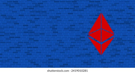 Blue Brick Wall with large red ethereum symbol. The symbol is located on the right, on the left there is empty space for your content. Vector illustration on blue background