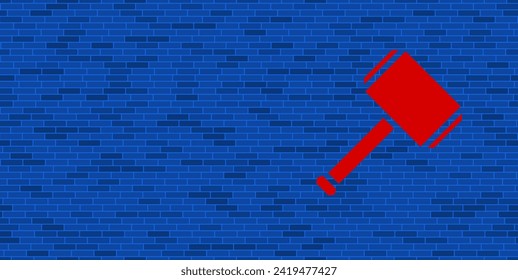 Blue Brick Wall with large red sledgehammer symbol. The symbol is located on the right, on the left there is empty space for your content. Vector illustration on blue background