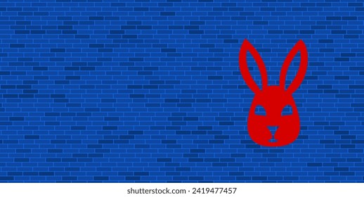 Blue Brick Wall with large red cute hare head symbol. The symbol is located on the right, on the left there is empty space for your content. Vector illustration on blue background