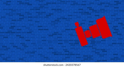 Blue Brick Wall with large red camera symbol. The symbol is located on the right, on the left there is empty space for your content. Vector illustration on blue background